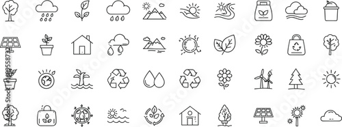 Eco and Sustainability Line Icons Set Including Green Energy, Nature Conservation, Climate Change, Recycling, and Renewable Resources for Clean Earth Design Concepts