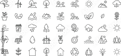 Eco Line Icon Set Featuring Green Energy, Nature Conservation, Solar Power, Sustainability, Climate Change, and Environmental Protection for Vector Design Projects
