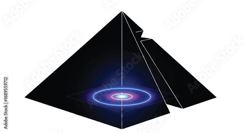 Mysterious black pyramid with glowing energy core on white background, symbolizing futuristic technology or ancient secrets.