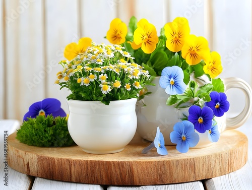 Vibrant Spring Flowers in White Pots on Wooden Board