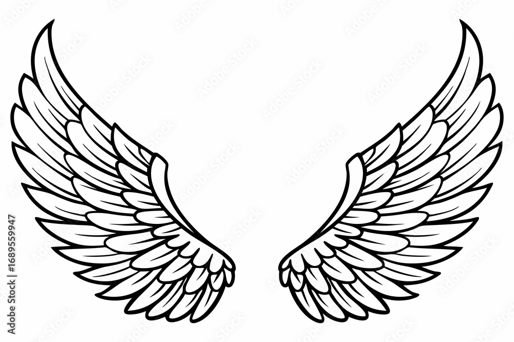 Obraz premium Angel Wings Vector Illustration – Detailed Feathered Wing Design for Tattoos and Logos