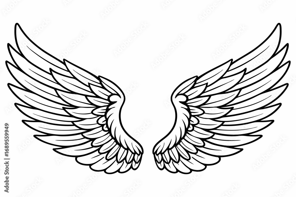 Obraz premium Angel Wings Vector Illustration – Detailed Feathered Wing Design for Tattoos and Logos