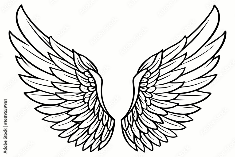 Obraz premium Angel Wings Vector Illustration – Detailed Feathered Wing Design for Tattoos and Logos
