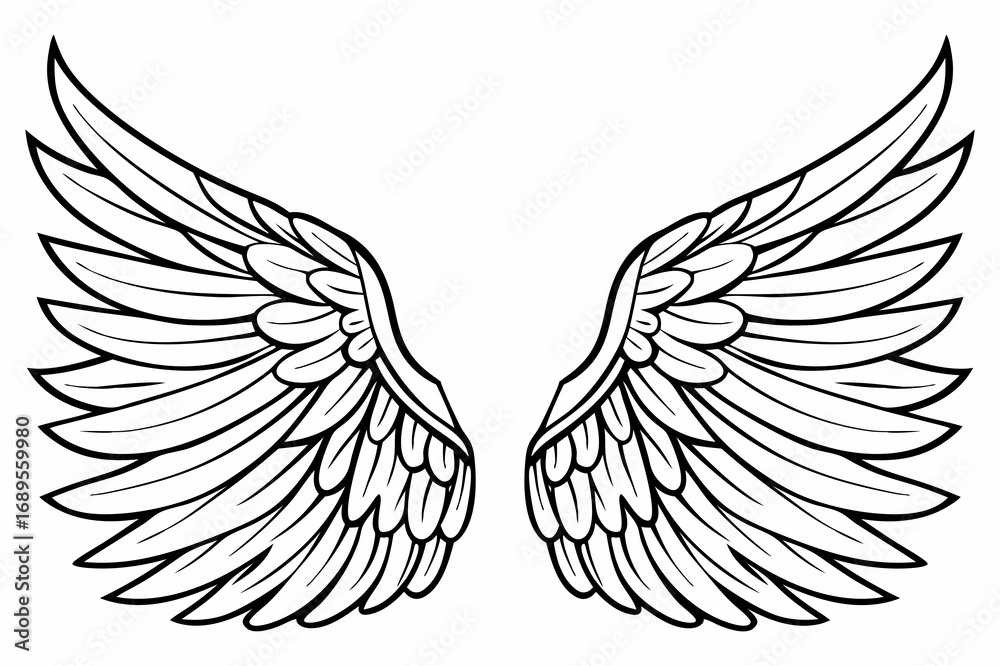 Obraz premium Angel Wings Vector Illustration – Detailed Feathered Wing Design for Tattoos and Logos