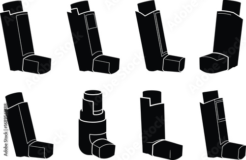 Set of medical inhaler black silhouette vector illustrations in different angles and views, asthma treatment device icons for healthcare and pharmacy design