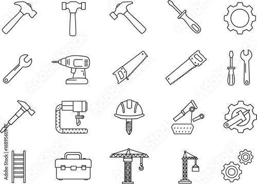 Collection of construction and engineering line icons including hammer, wrench, screwdriver, drill, saw, helmet, crane, toolbox, ladder, gears, building equipment