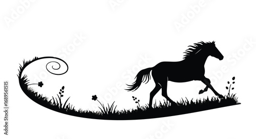 Graceful silhouette of a horse galloping through a field of wild grass and flowers.