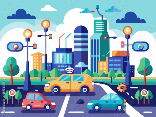 Cityscape with autonomous cars on a road cloud