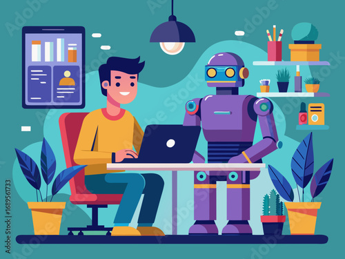 Man and robot working together on a laptop collaboration