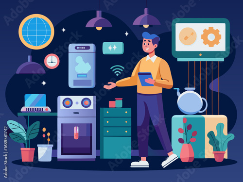 Man interacting with smart home appliances and devices