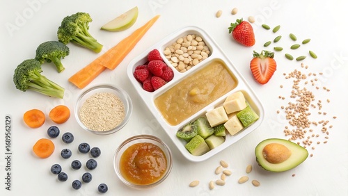 Creative arrangement of wholesome baby food ingredients beside a nutritious finished dish for infant nutrition exploration