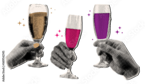 Set of hands holding wine glasses in retro halftone style,celebration, festive concept,trendy collage elements