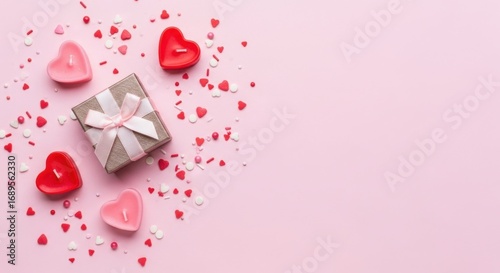 Romantic Gift Box Surrounded by Heart Shaped Candles and Confetti on Pink Background for Valentine's Day Celebration