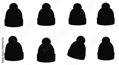 eight black beanies arranged neatly in two rows