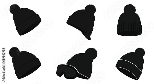 various styles of black winter hats displayed neatly
