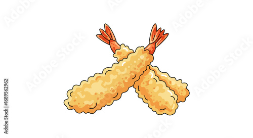 Two Crispy Shrimp Tempura Pieces Japanese Cuisine Illustration.