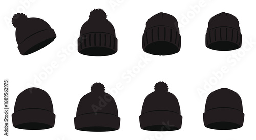 various styles of black winter hats arranged neatly