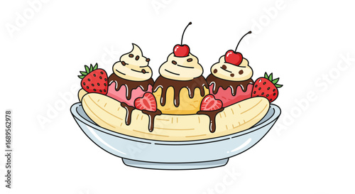 Cartoon Banana Split with Ice Cream Strawberries and Cherries in a Bowl.