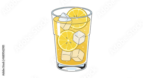 Refreshing Lemonade Illustration with Ice Cubes in a Glass.