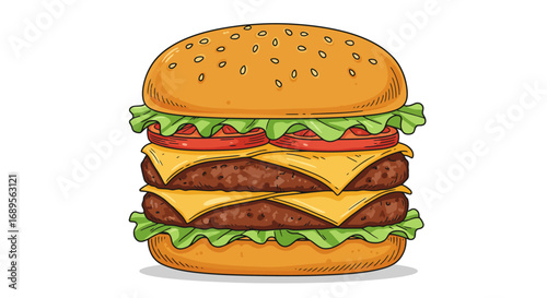 Delicious Double Cheeseburger with Fresh Ingredients Illustration.