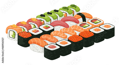 Assorted Sushi Platter with Salmon Tuna Avocado and Roe.