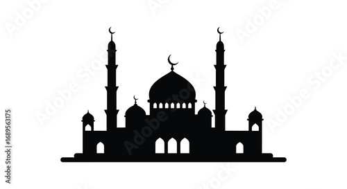 a silhouette of an islamic mosque with domes and minarets