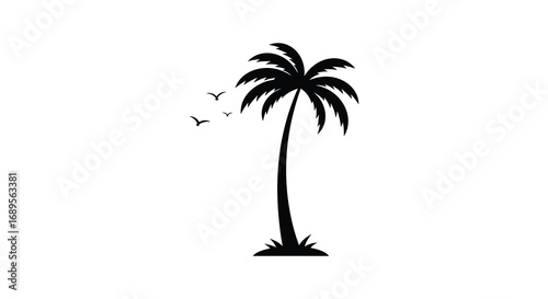 a lone palm tree with birds flying nearby
