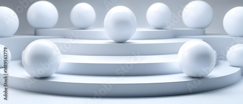 Abstract White Spheres on Circular Platform Minimalist 3D Render