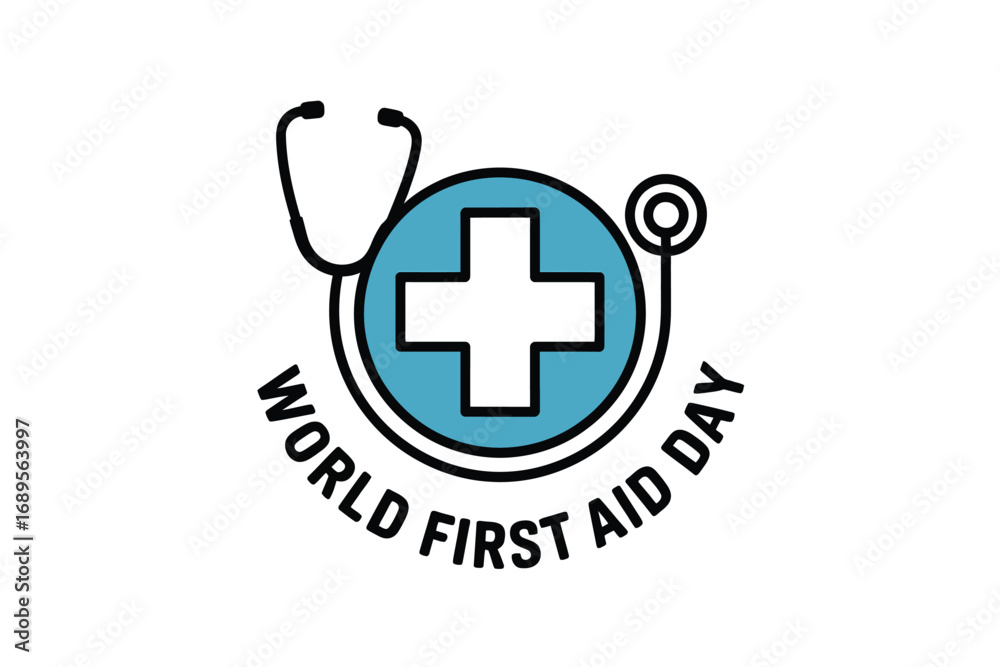 Obraz premium A world first aid day logo featuring a stethoscope and a blue cross on a white background design
