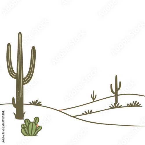 A stylized desert landscape features a tall saguaro cactus on the left, its ribbed texture defined by darker lines. Rolling sand dunes, outlined in a muted brown, stretch across the scene, dotted with