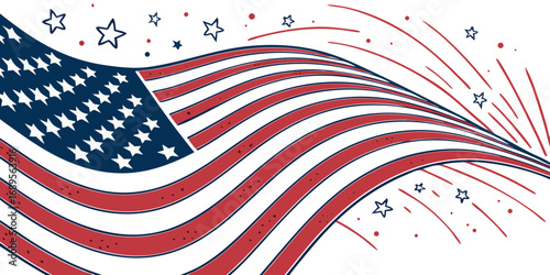 A stylized American flag waves diagonally across the frame, its blue field with white stars at the upper left. Red and white stripes curve dynamically. Red and blue star-shaped confetti and firework-l