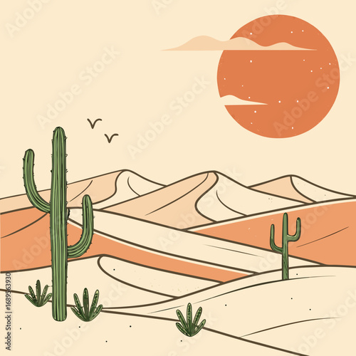 A stylized desert landscape features two saguaro cacti in the foreground, with rolling sand dunes receding into the distance under a large, orange sun partially obscured by wispy clouds. The color pal