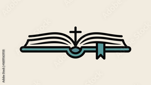 An open book with a cross above it and a bookmark on the right side on a light background color image