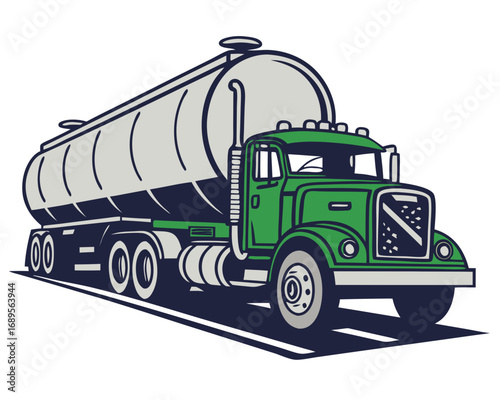 A stylized, cartoon-like green tanker truck dominates the frame, angled slightly to the right, conveying a sense of motion on a dark road. The large, silver cylindrical tank, featuring subtle horizont