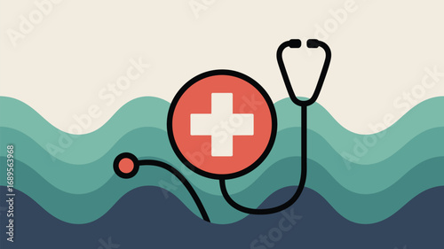 A stethoscope and a medical cross symbol over a wavy background in shades of blue and beige colors