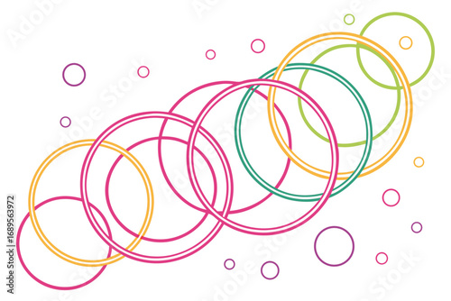 A whimsical arrangement of overlapping circles dominates a white background, featuring vibrant pink, yellow, teal, and green hues. Smaller, scattered circles punctuate the space. The light is bright a