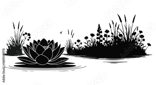 Serene water lily blooms in a tranquil pond surrounded by lush reeds and wildflowers