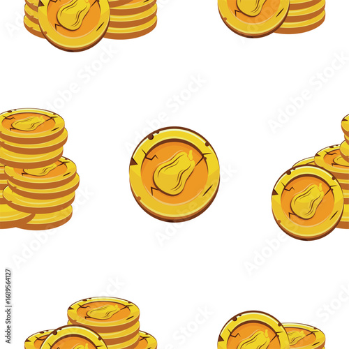 pattern with vector yellow coins presented individually and in stacks of different sizes with autumn design of oval pumpkin, for mobile games, virtual currency or casino
