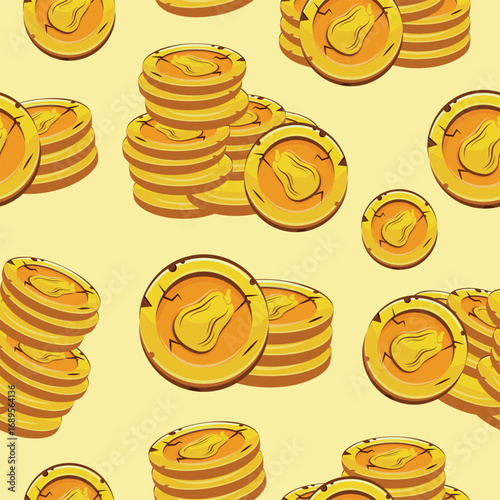seamless pattern with vector yellow coins presented individually and in stacks of different sizes with autumn design of oval pumpkin on yellow background, for mobile games, virtual currency or casino