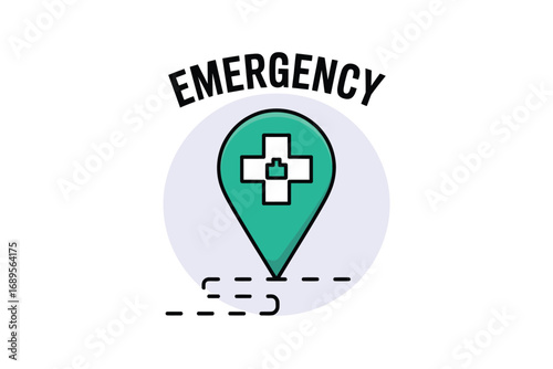 A green emergency location pin with a white cross and the word emergency above on white background