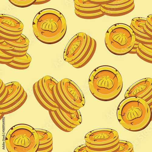 seamless pattern with vector yellow coins presented individually and in stacks of different sizes with round pumpkins on a yellow background, for mobile games, virtual currency or casinos
