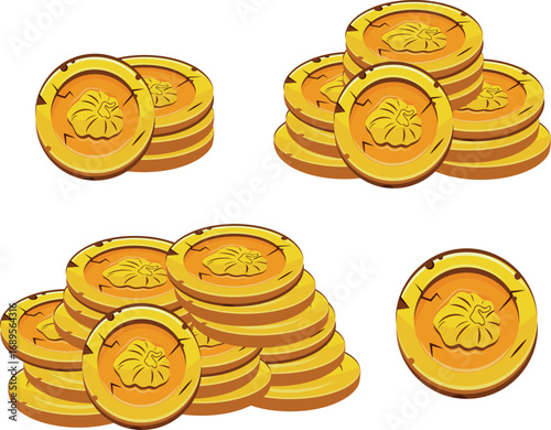 set of vector yellow coins with autumn design with deformed pumpkins presented separately, for mobile games, virtual currency or casino