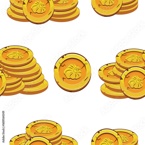 pattern with vector yellow coins with autumn design with deformed pumpkins presented separately, for mobile games, virtual currency or casino