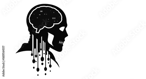 Silhouette of a human head with a digital brain and melting abstract elements representing technology and thought.