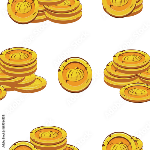 pattern with vector yellow coins with round pumpkins presented separately, for mobile games, virtual currency or casino