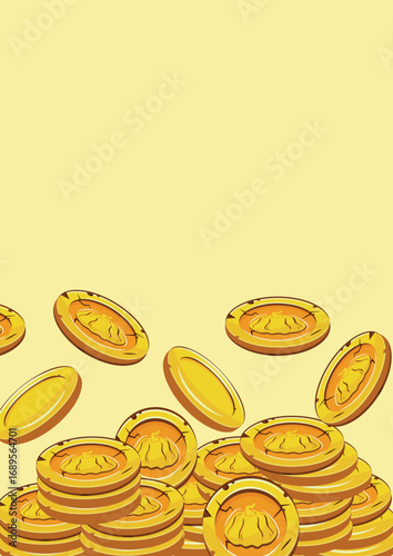 poster with vector yellow coins presented individually and in stacks of different sizes with autumn design of round pumpkin on yellow background, for mobile games, virtual currency or casino