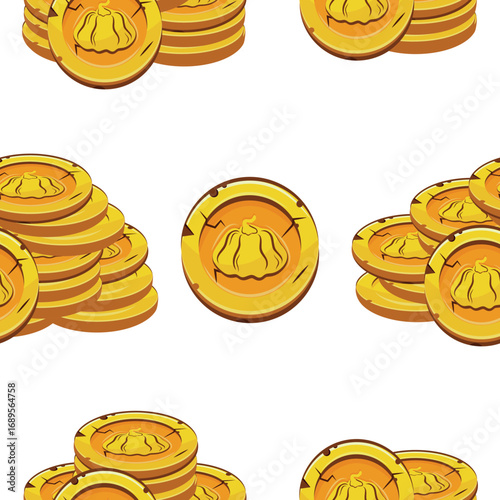 pattern with vector yellow coins presented individually and in stacks of different sizes with autumn design of round pumpkin, for mobile games, virtual currency or casino