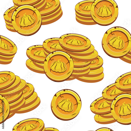 seamless pattern with vector yellow coins presented individually and in stacks of different sizes with autumn design of round pumpkin, for mobile games, virtual currency or casino