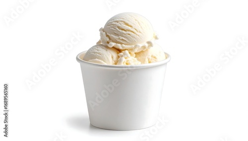 Two scoops of vanilla ice cream in a paper cup