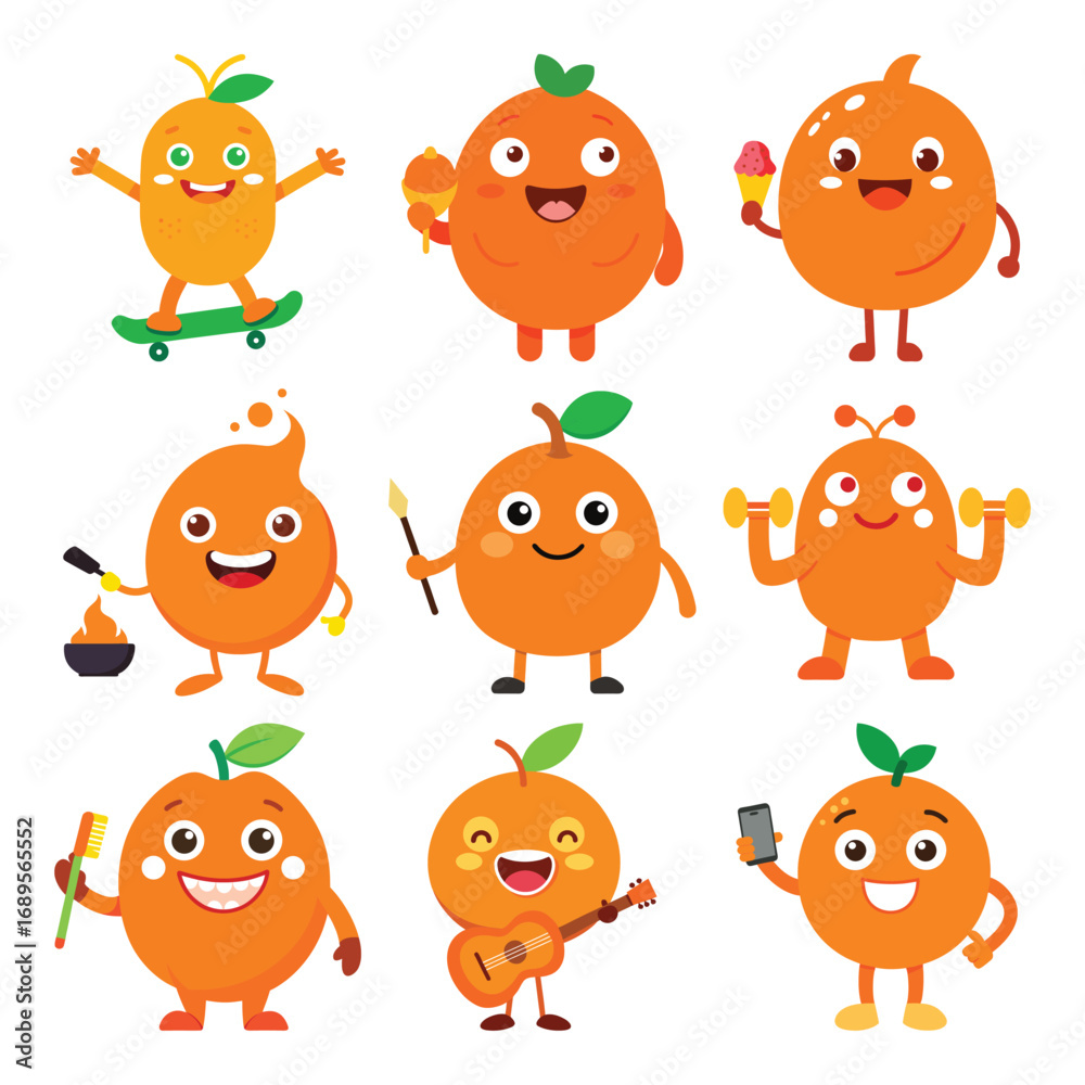 Fototapeta premium Collection of Happy Orange Cartoon Characters Engaging in Various Activities and Poses